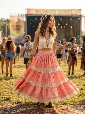 🆕🫰🏼 Spell Ocean Lace Tiered Maxi Skirt In Coral Free People Exclusive
